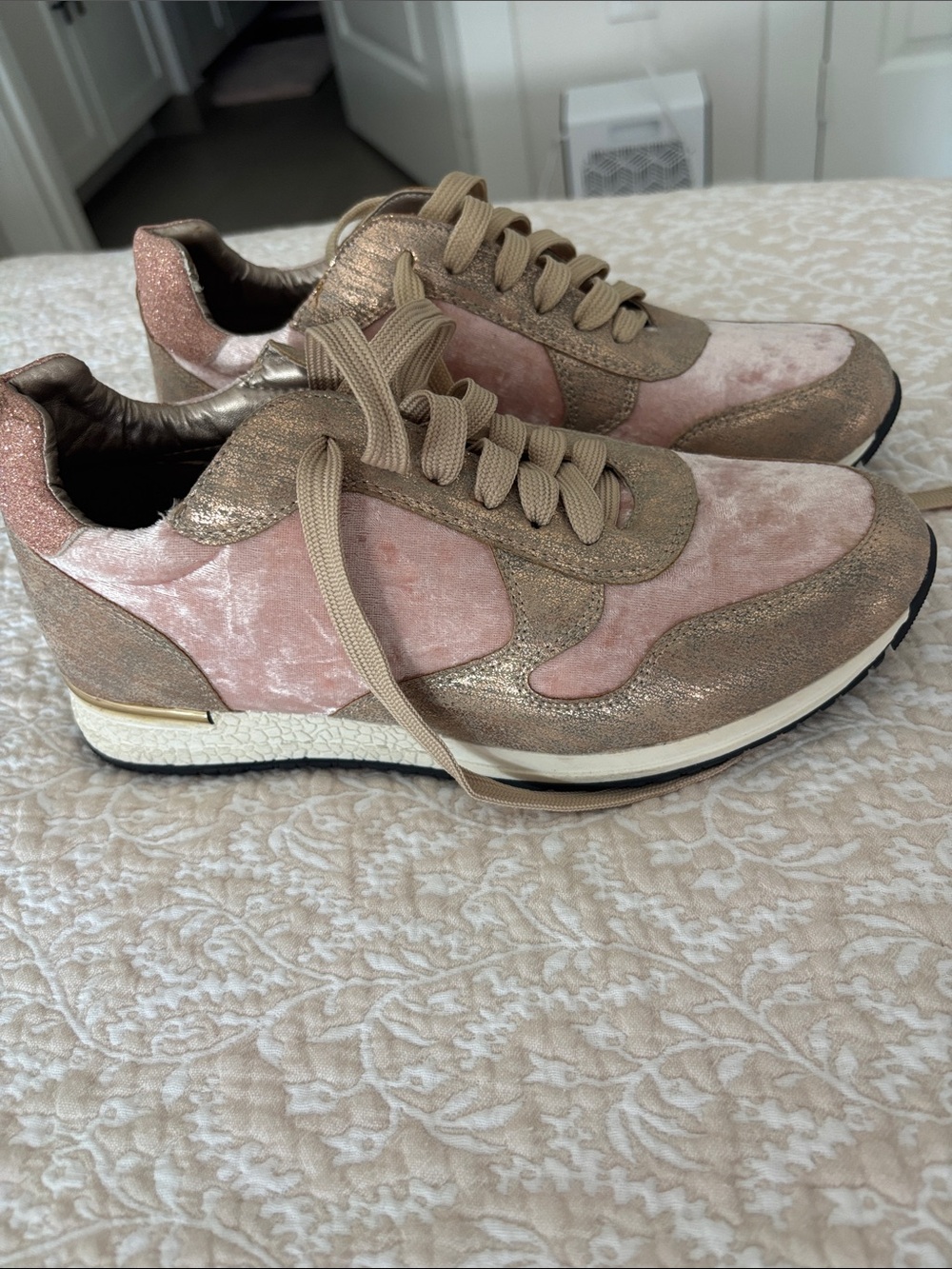 Women’s Pink Velvet & Gold Metallic Lace-Up Sneakers